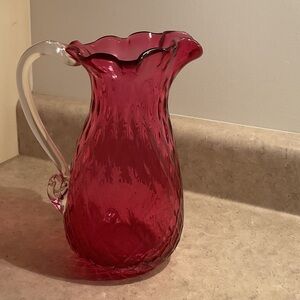 Vintage Cranberry Glass Pitcher, with applied Clear Handle